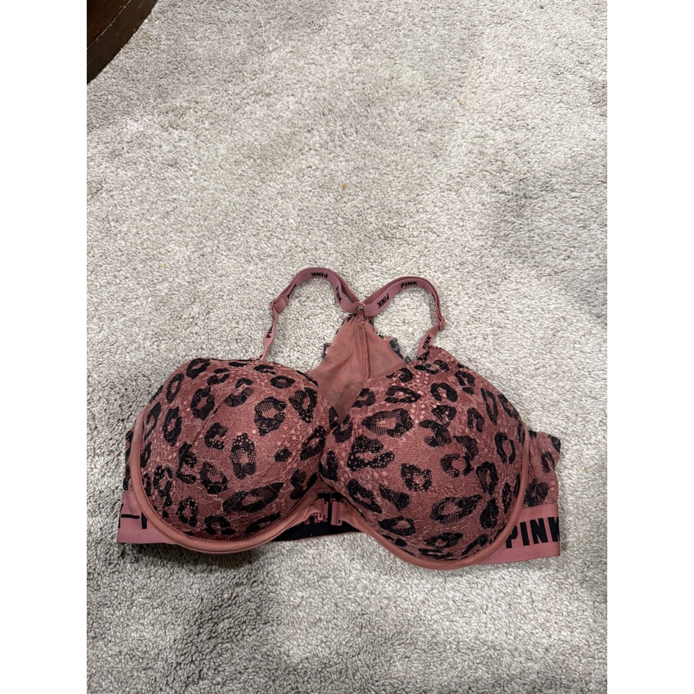 Victoria's Secret PINK Front Close Push Up Bra Leopard‎ Lace Logo Racerback 36d
